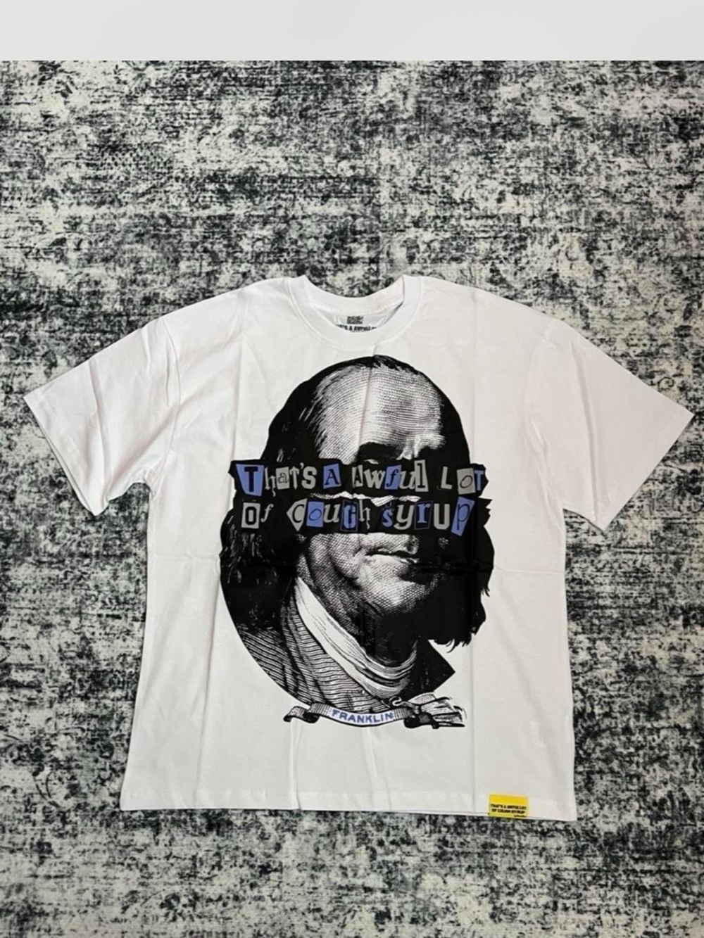 White Graphic Short Sleeve Tee with Blue Accent Text - Unknown Brand